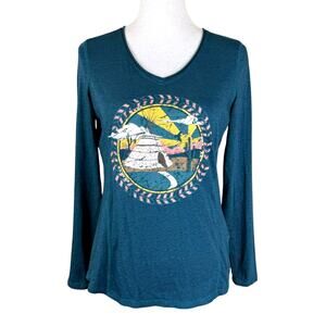 Panhandle Teal Blue Teepee Southwestern Graphic Long Sleeve Casual Shirt